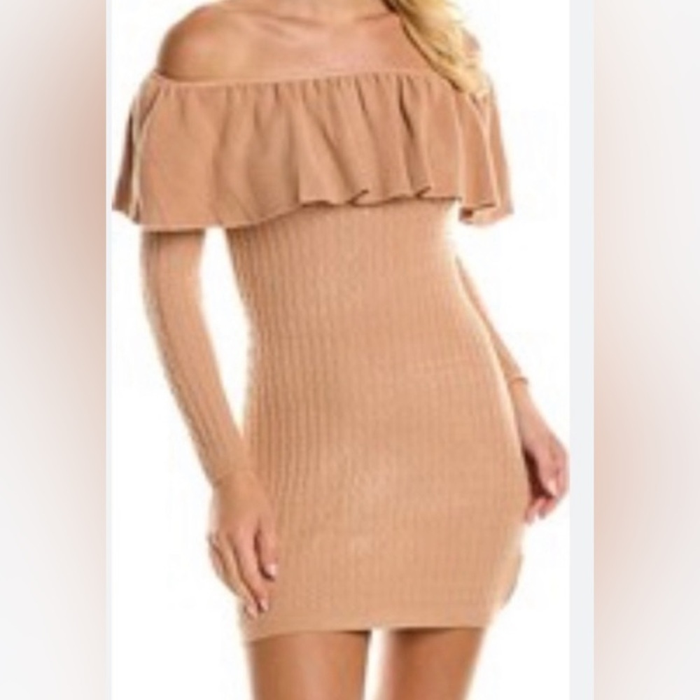 Olivaceous Tan Stretch Cable Knit Long Sleeve Sweater Mini Dress Medium